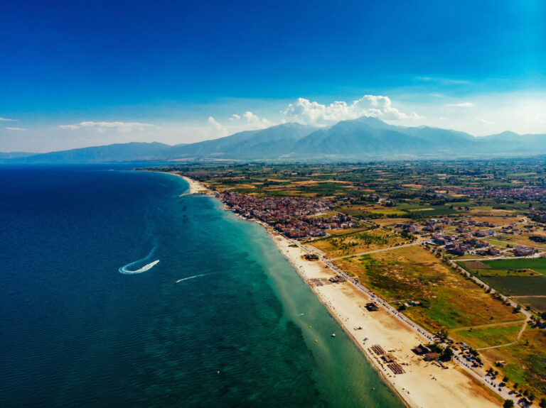 Aerial,View,Over,The,Coastal,Town,Of,Paralia,Katerini,,Greece